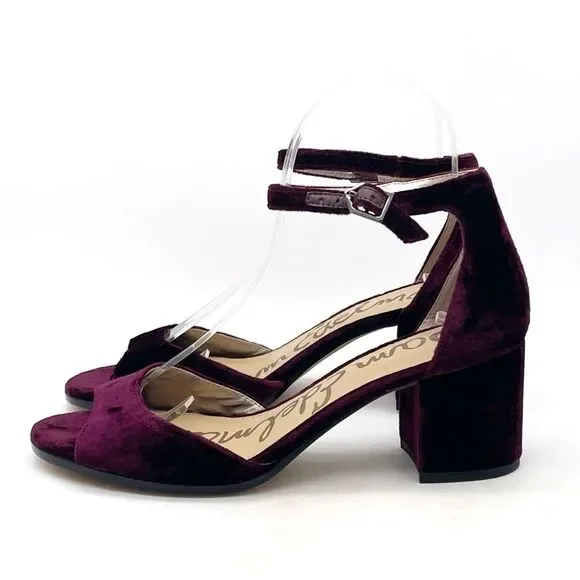 Sam Edelman Susie Velvet Block Heel Ankle Strap Sandals Burgundy Maroon Size 6.5 - Picture 3 of 13
